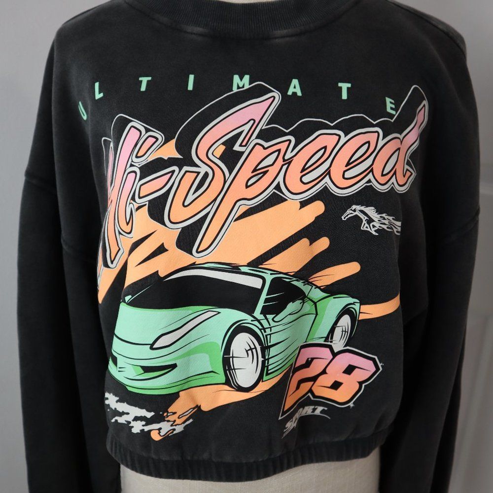 Divided HM Sweatshirt Womens Large Gray Cropped 80s Retro Car Racing Hi Speed - Picture 2 of 14